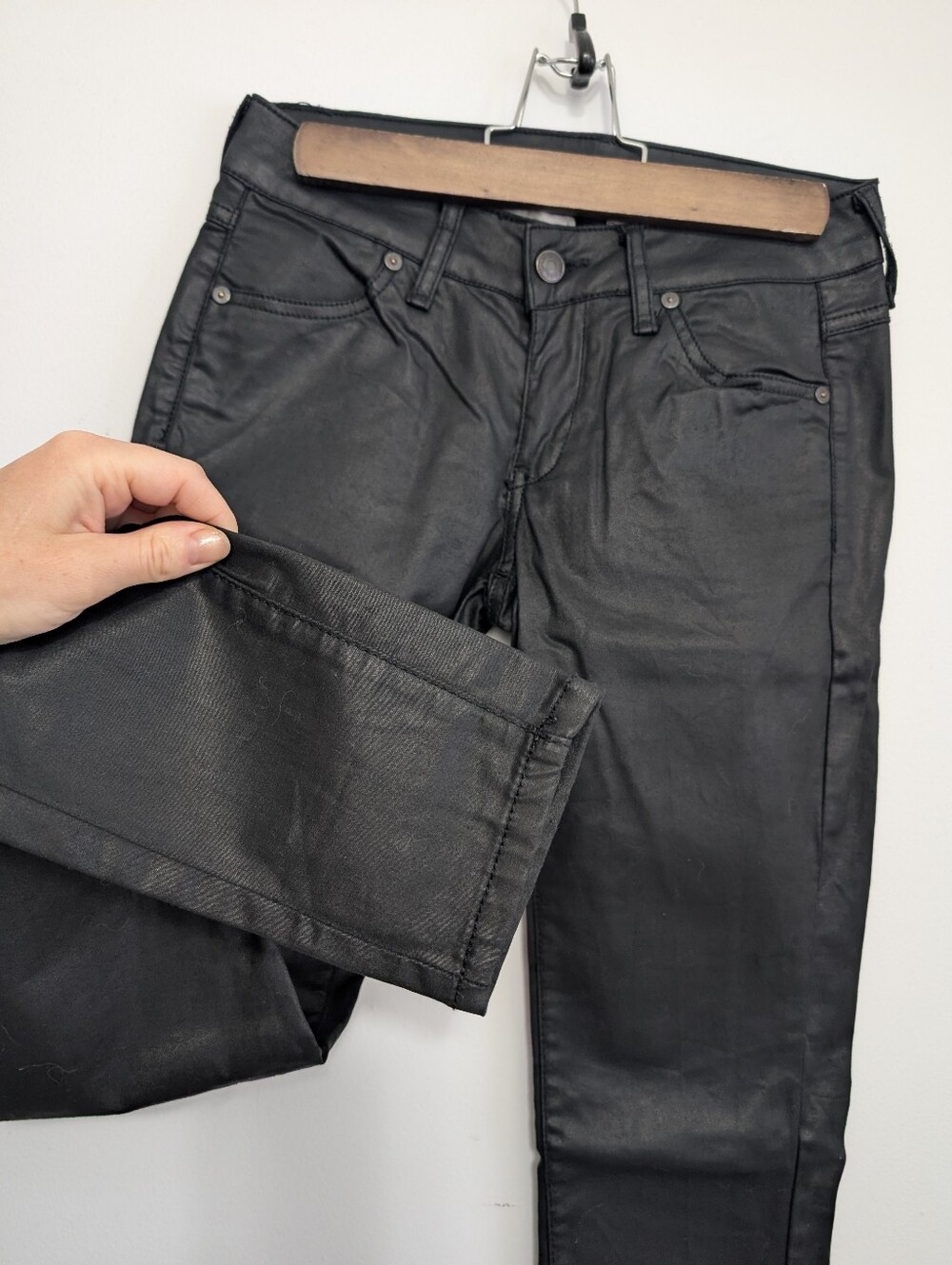 Vintage Y2K Mango Jeans Shiny Black Pants Faux Pleather Cotton Skinny Low Rise